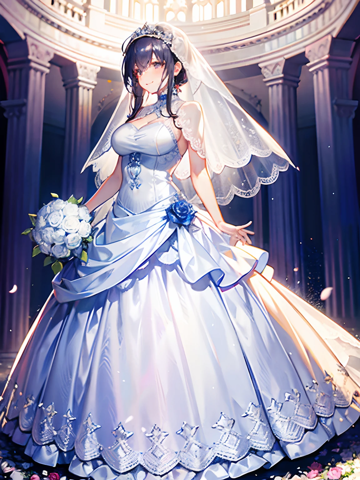 ,wedding gown,Bride,marriage,Beautifully dressed,Shiny clothes,Lace on clothes,Clothes lace,Large skirt,Lace trim,stand posture,facing the front there,Flowers in hand,ssmile,light yarn,full bodyesbian,Shawl,Color chrome,