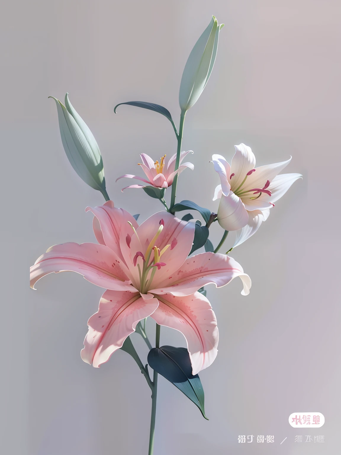 Only plants，No Man、Pink lily、Realistic illustration、Mucha style、top-quality、Super A resolution、The body of the picture is in the middle、background is white