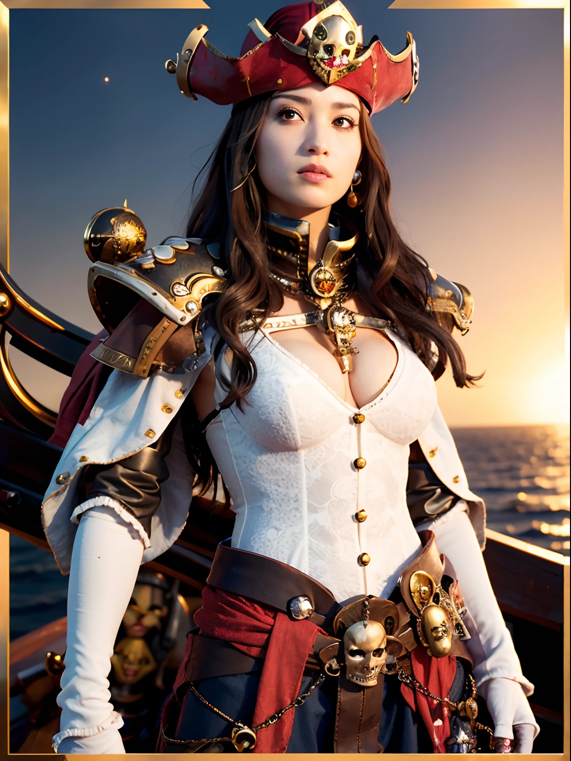 (masutepiece), Professional , ​masterpiece、top-quality、photos realistic ,  （Gemstone Silver Metal Body:1.９),(Matte White、（Put on a pirate hat）、Jewel Gold Weapon（Jewel Metal Body:1.４),Gorgeous metal weapons , Detailed Sword of the Brave , Beautiful knife   ,warhammer 40k , The port town、adepta sororitas,Detail and ornate jewel crown、Black hair、Gangle's forest background、Beautiful Caucasian beauty、１a person、dynamic ungle,(((Detailed and ornate diamond crown)))、Smaller head、A smile、Take a pose、Background inside the castle、Thin and beautiful female hands、cleavage of the breast、Soldier in iron armor on background、Man soldier in iron armor on background、Sea view、Pirate Ship、Woman or stand in the center、Lots of pirate ships、Luminescent particles,light scattering,Tindall Effect