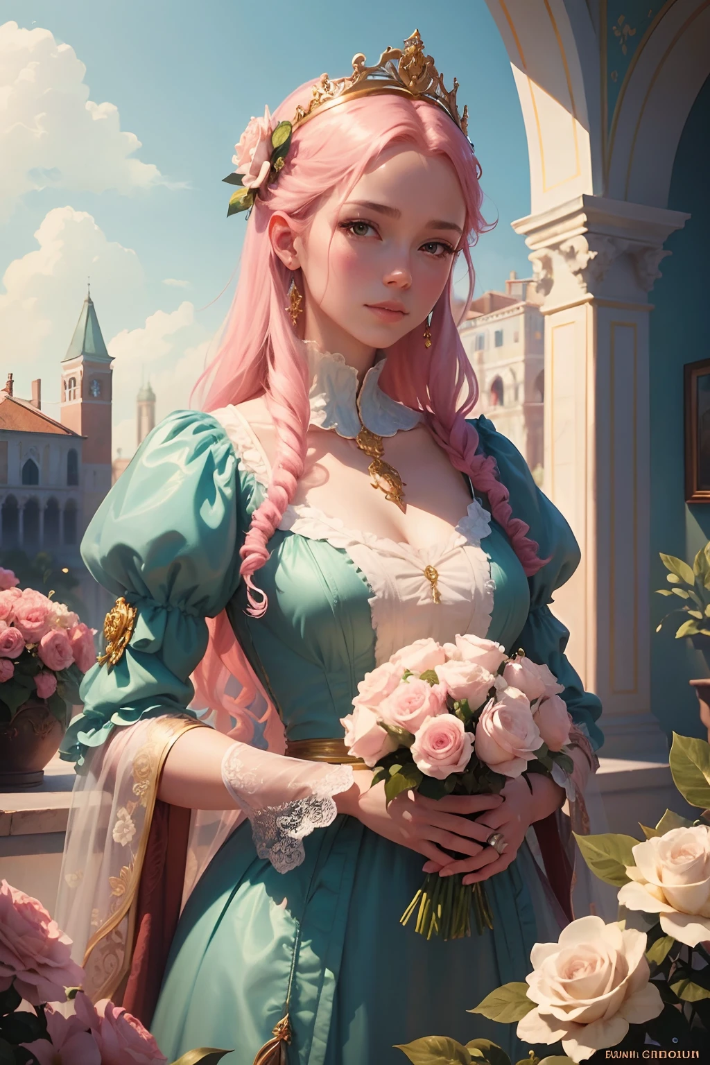 Very detailed Venetian Rococo paintings，Depicting a lush garden，Full of soft pink roses，No Man，Golden castle on the horizon，blue butterflies，Pastel gorgeous background volumetric lighting，florals，fanciful，realisticlying，Digital illustration of the art of Krenz Cushart，alphonse mucha kehinde wiley, artem demura , 8k, k hd