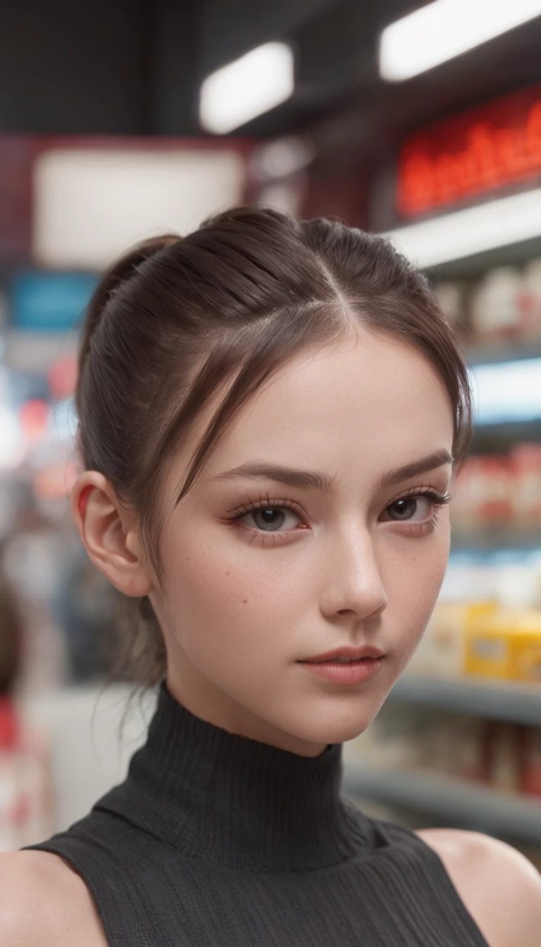 CINEMATICA MATRIX 5, NSFW,A 20 year old girl with ponytail hair, big dark gray eyes, and a perfect ovale face, rendered in a photorealistic style with sharp edges and a vibrant atmosphere, standing in a convenience store with bare breasts
