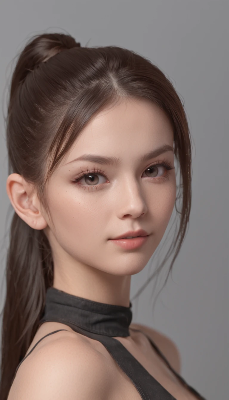 CINEMATICA MATRIX 5, NSFW,A 20 year old girl with ponytail hair, big dark gray eyes, and a perfect ovale face, rendered in a photorealistic style with sharp edges and a vibrant atmosphere, standing in a convenience store with bare breasts
