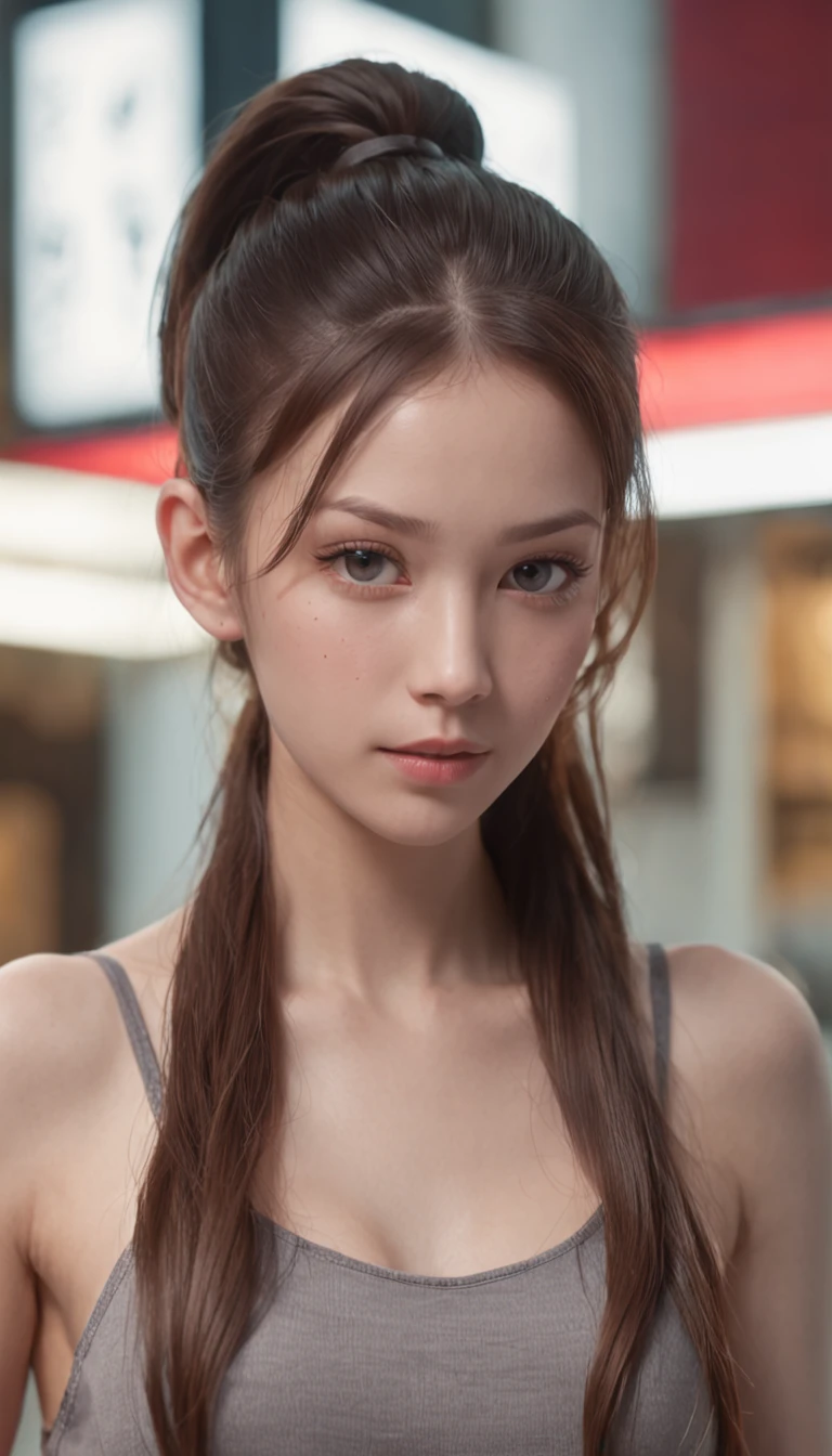 CINEMATICA MATRIX 5, NSFW,A 20 year old girl with ponytail hair, big dark gray eyes, and a perfect ovale face, rendered in a photorealistic style with sharp edges and a vibrant atmosphere, standing in a convenience store with bare breasts