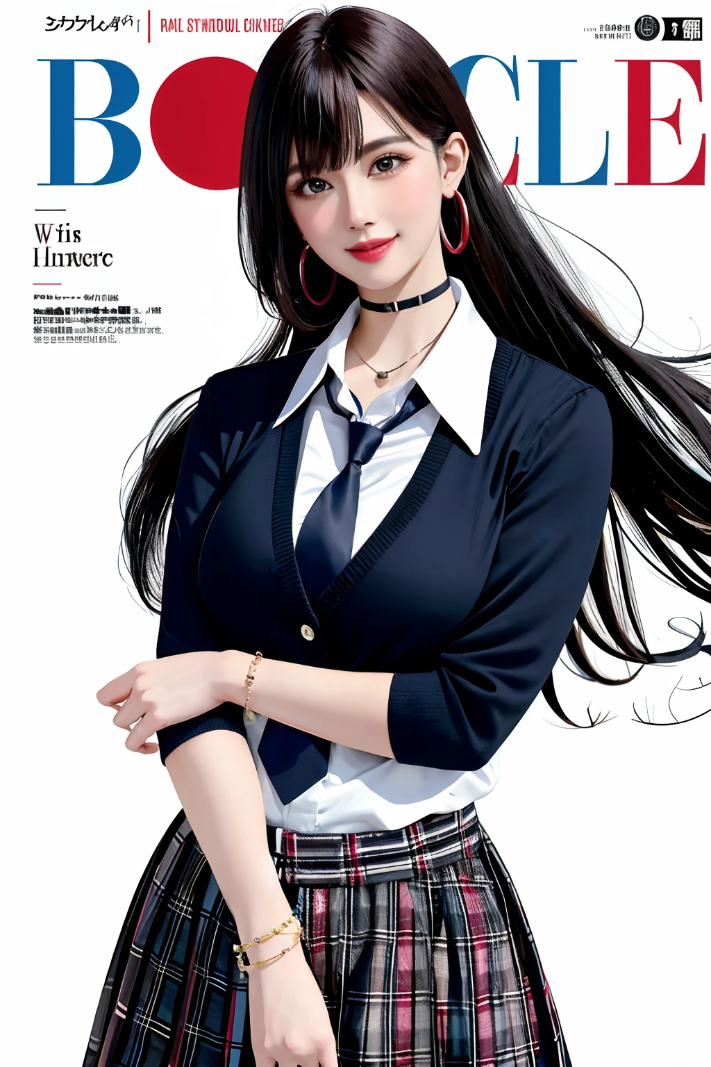 masterpiece, best quality, full body, 1girl, bangs, black choker, black necktie, black hair, blue skirt, blush, bracelet, breasts, choker, clothes around waist, collarbone, collared shirt, cowboy shot, dress shirt, ear piercing, eyebrows visible through hair, gradient hair, grin, gyaru, jewelry, kogal, long hair, looking at viewer, loose necktie, necktie, piercing, plaid, plaid skirt, pleated skirt, red eyes, ring, school uniform, shirt, skirt, smile, solo, white shirt, street, sky, cherry blossoms, petals,illustration, (magazine:1.3), (cover-style:1.3), fashionable, woman, vibrant, outfit, posing, front, colorful, dynamic, background, elements, confident, expression, holding, statement, accessory, majestic, coiled, around, touch, scene, text, cover, bold, attention-grabbing, title, stylish, font, catchy, headline, larger, striking, modern, trendy, focus, fashion,