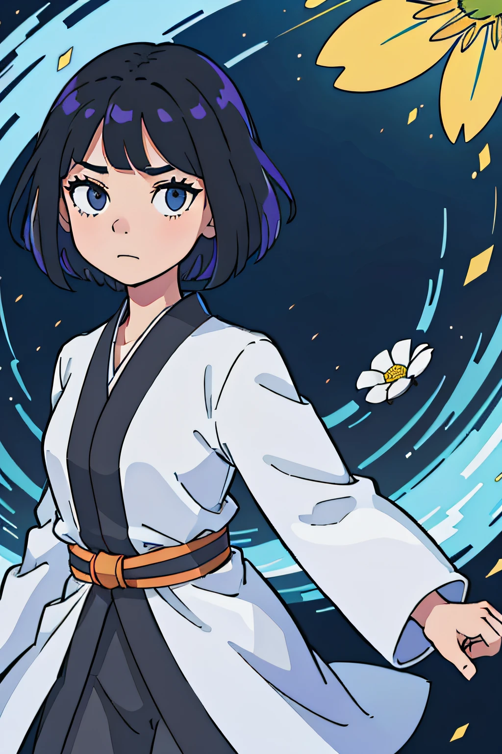 captivating cinematic artwork featuring a beautiful and sassy girl with a bob cut and long, black hair adorned in a vibrant kimono. Her multicolored hair stands out against the backdrop of a serene field of white flowers, creating a visually striking contrast. With detailed eyes that exude determination and heroism, she confidently gazes directly at the viewer, inviting them into her world. Employ a dutch angle to inject a sense of dynamic energy into the composition. Enhance the scene with volumetric lighting to create a cinematic and mystical atmosphere, giving the artwork an ethereal quality. Finally, add a touch of magic and wonder by sprinkling the scene with sparkling glitter and delicate mystical elements that transport viewers into a realm of enchantment.