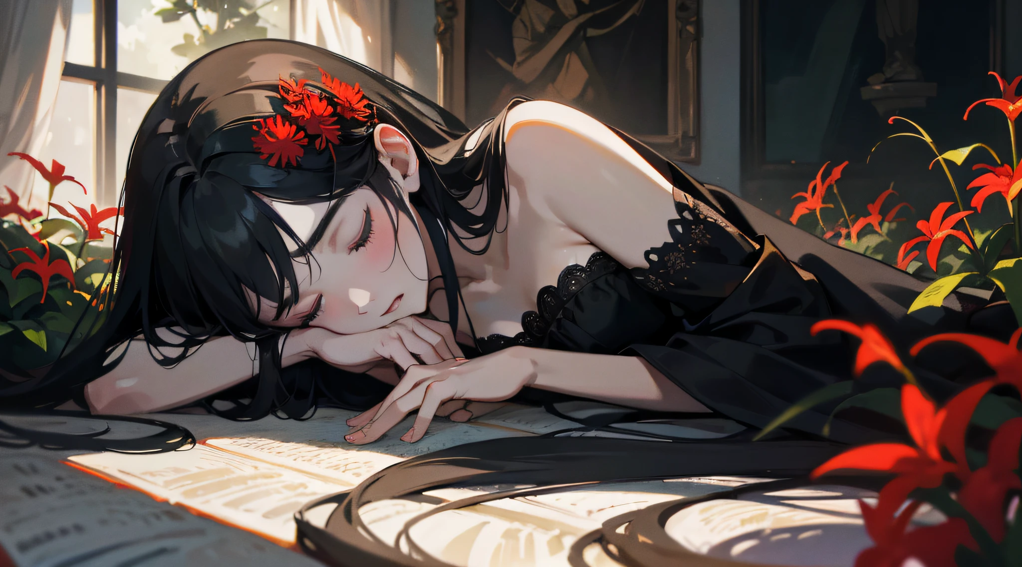 1 woman, (masterpiece, best quality:1.2), 8k, official art, absurdres, HDR, facelight, ultra realistic, highres, photography, film grain, chromatic aberration, sharp focus, dynamic lighting, cinematic lighting, professional shadow, dark shadow, highest detailed, extreme detailed, ultra detailed, finely detail, real skin, delicate facial features, detailed face and eyes, sleeping in a garden setting, laying down, red spider lilies, spider lilies flower, wearing black clothing, black hair, very long hair, chest length hair, fully braided hair, closed eyes, long shot