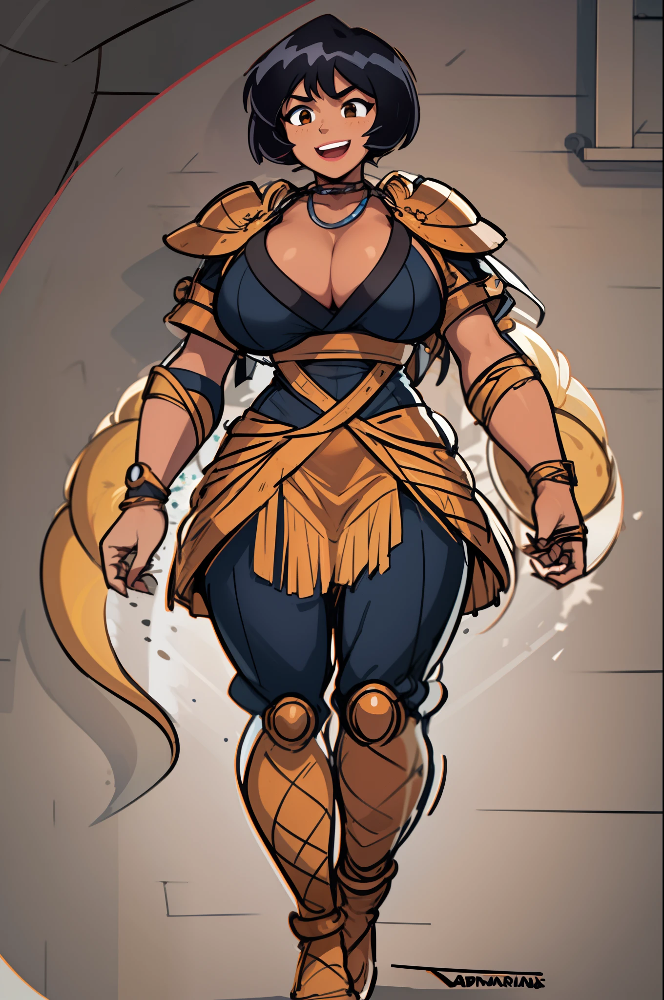 ((masterpiece, best quality)), 1girl,solo, upper body, alex, short hair, black hair, brown eyes, dark skin, tan, lipstick, black shirt, retro artstyle, gradient background,smile, walking, martial ,chest sarashi, big breast,full body, pants, full body,big breas,(icone de um jogo), (icone de peitoral : 1.5), um peitoral , peitoral marrom, chest plate, peitoral pesada marrom, peitoral grosso, peitoral de Armadura intrincada, peitoral de armadura de fantasia pesada, peitoral detalhado, armadura ornamentada, peitoral de Armadura Paladina, peitoral dearmadura de batalha, intrincada peitoral, full body