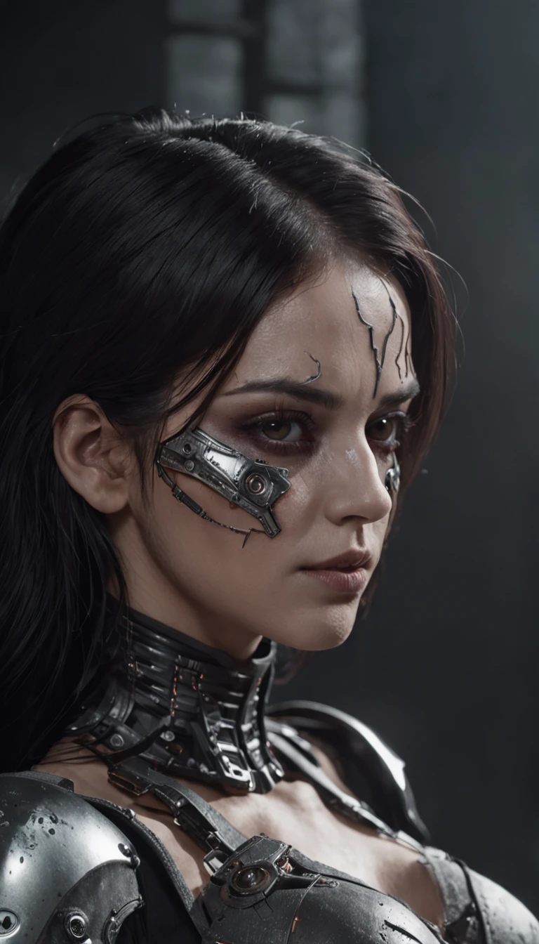 Beautiful cyborg warrior woman in Style-RustMagic, The rise of cyberpunk, cyberware, droid, carbon fibers, Chrome, Implants, metal skull, Cybernetic plate armor, (dark ambiance:1.2), (Delivered & fumo), (nigth:1.3), the scars, (Messy medium-long black hair:1.1), (eye shadows:1.1), (Beautifully detailed brightness:1.2), (Cinematic lighting), intricately details, A high resolution, roundly eyes, Detailed facial features, foco nítido, lisses, Aesthetic, detailed dark industrial factory background, posing elegantly, dynamicposes, (dramapaint)