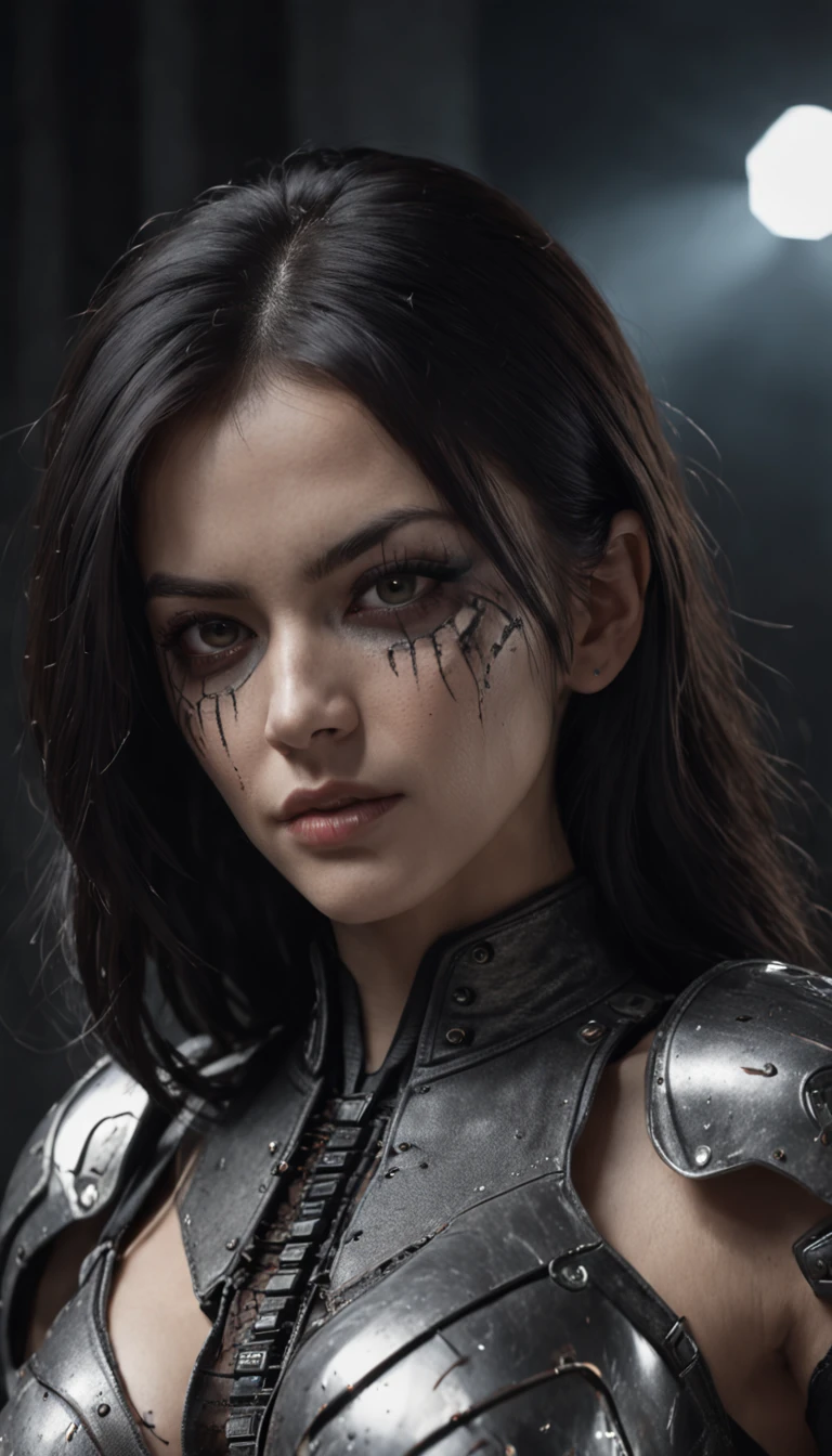 Beautiful cyborg warrior woman in Style-RustMagic, The rise of cyberpunk, cyberware, droid, carbon fibers, Chrome, Implants, metal skull, Cybernetic plate armor, (dark ambiance:1.2), (Delivered & fumo), (nigth:1.3), the scars, (Messy medium-long black hair:1.1), (eye shadows:1.1), (Beautifully detailed brightness:1.2), (Cinematic lighting), intricately details, A high resolution, roundly eyes, Detailed facial features, foco nítido, lisses, Aesthetic, detailed dark industrial factory background, posing elegantly, dynamicposes, (dramapaint)