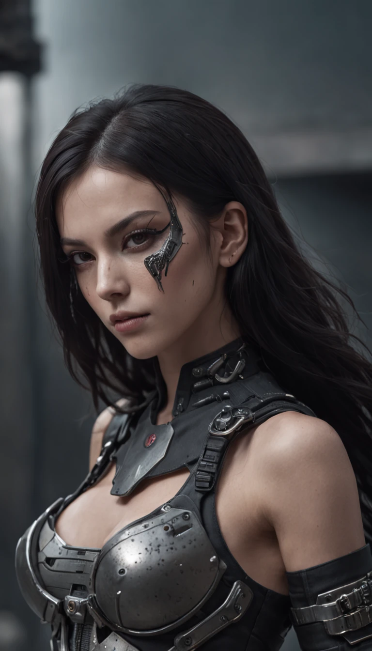 Beautiful cyborg warrior woman in Style-RustMagic, The rise of cyberpunk, cyberware, droid, carbon fibers, Chrome, Implants, metal skull, Cybernetic plate armor, (dark ambiance:1.2), (Delivered & fumo), (nigth:1.3), the scars, (Messy medium-long black hair:1.1), (eye shadows:1.1), (Beautifully detailed brightness:1.2), (Cinematic lighting), intricately details, A high resolution, roundly eyes, Detailed facial features, foco nítido, lisses, Aesthetic, detailed dark industrial factory background, posing elegantly, dynamicposes, (dramapaint)