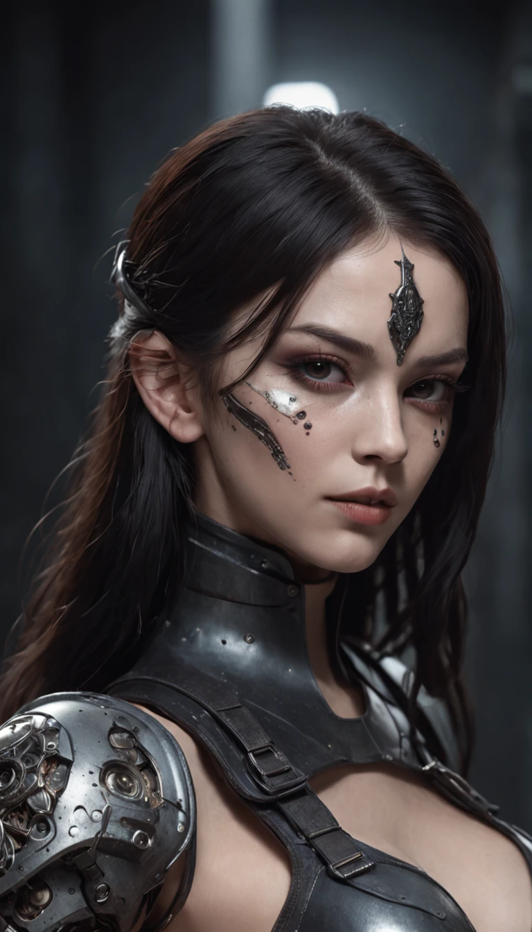 Beautiful cyborg warrior woman in Style-RustMagic, The rise of cyberpunk, cyberware, droid, carbon fibers, Chrome, Implants, metal skull, Cybernetic plate armor, (dark ambiance:1.2), (Delivered & fumo), (nigth:1.3), the scars, (Messy medium-long black hair:1.1), (eye shadows:1.1), (Beautifully detailed brightness:1.2), (Cinematic lighting), intricately details, A high resolution, roundly eyes, Detailed facial features, foco nítido, lisses, Aesthetic, detailed dark industrial factory background, posing elegantly, dynamicposes, (dramapaint)