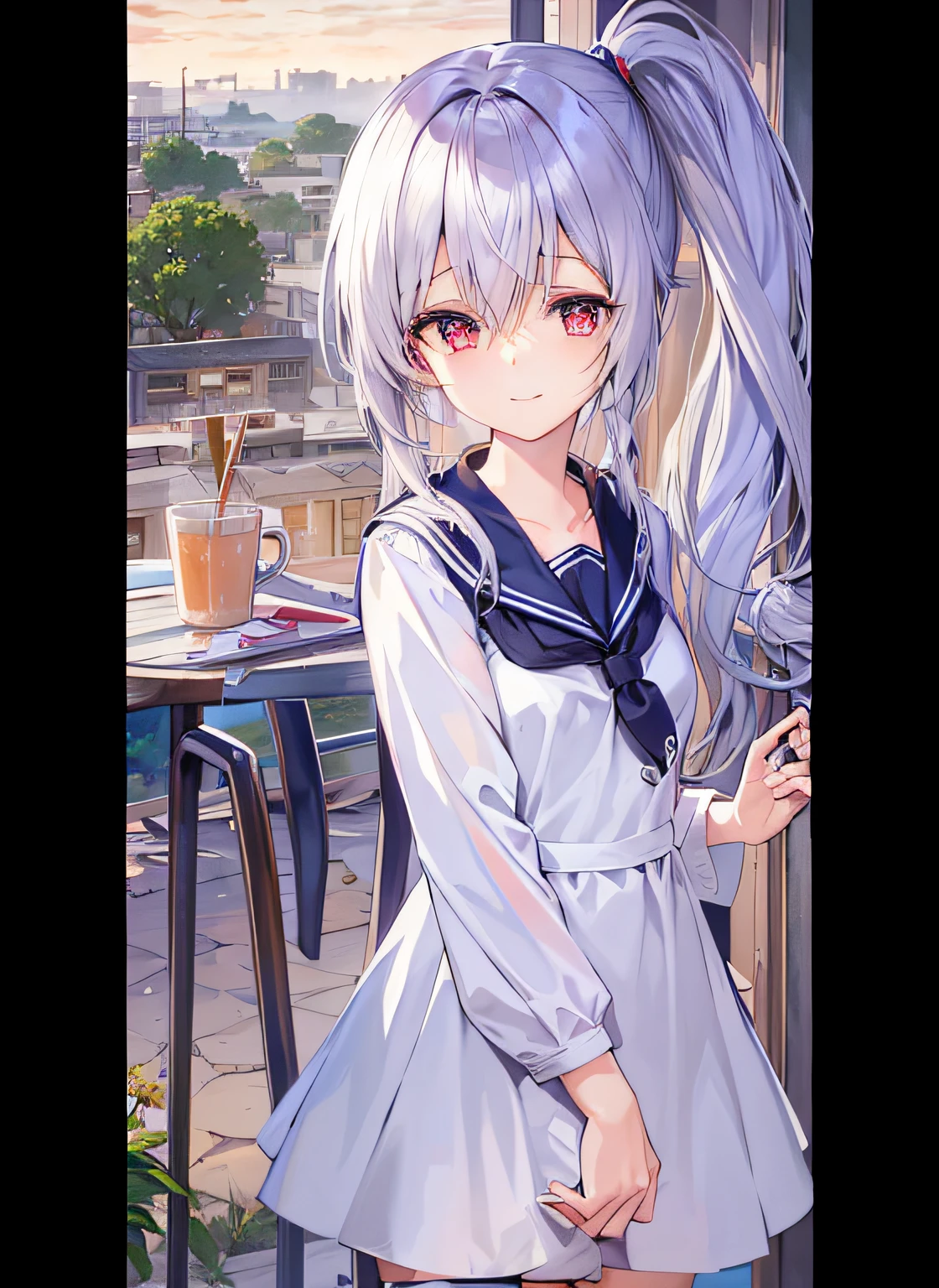 Anime girl with long hair and sailor standing in front of window, Kantai collection style, anime moe art style, nightcore, Beautiful Anime High School Girls, style of anime4 K, up of young anime girl, High Quality Anime Art Style, Anime style. 8K, made with anime painter studio, Perfect white haired girl, Silver hair (pony tails)