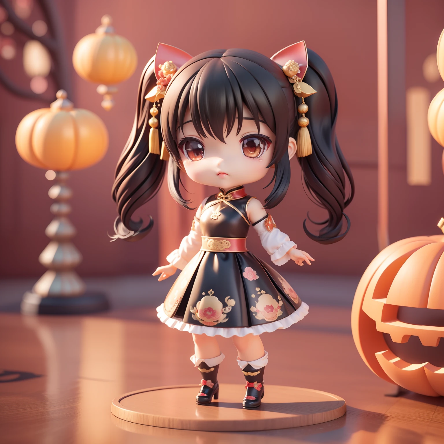 (((chibi3d))) (best quality), (masterpiece) chibi anime deformed style, Black hair two chinions,BODYLINE Collection 1 Women's China Dress, Cheongsam Dress, Cosplay, Halloween, Costume,The background is Yokohama Chinatown,Xiaolongbao,Drink tea.