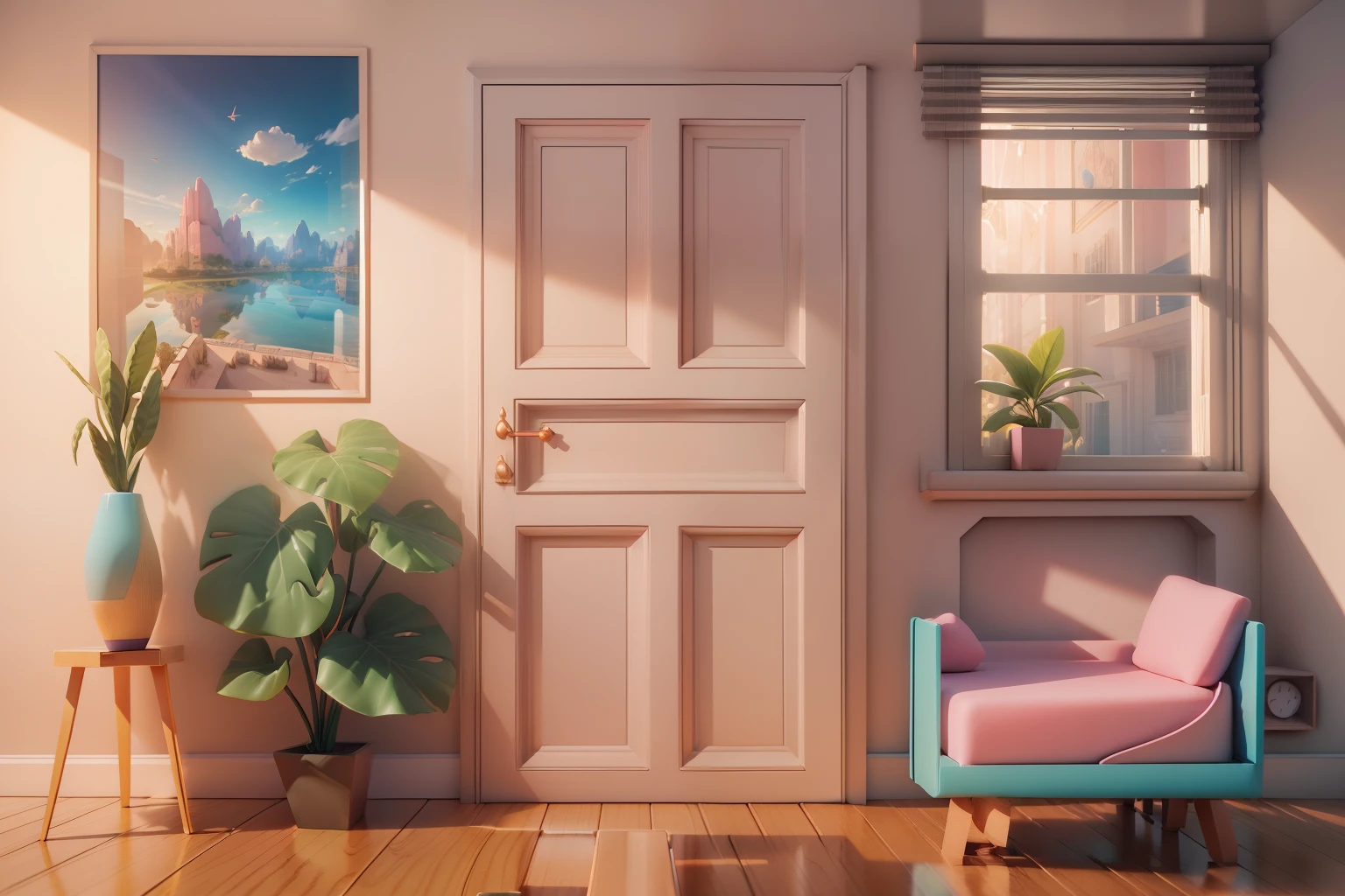 "(Isometric perspective:1.5),(pixar-style:1.2),There is a bed in the bedroom,sofe,table light,Study desk,janelas,Wall paintings,3 d modelling,pink back ground,Global illumination,Ray traching,hdr,rendering,unreal render,best qualtiy,8K,"