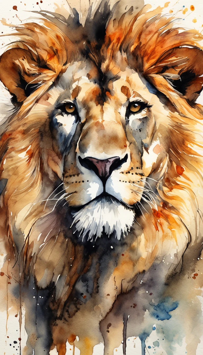 master part, Ultra detailed watercolor portrait of a lion, parte superior do corpo, Pinceladas, arte profissional impressionante, paleta de cores neutras