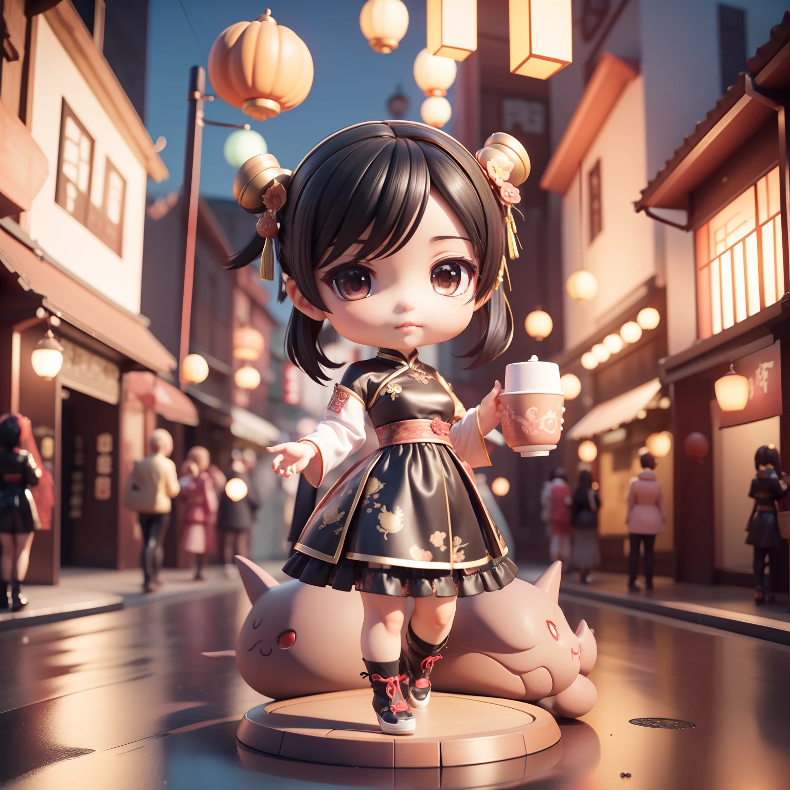 (((chibi 3d))) (Best Quality), (masutepiece) Chibi Anime Deformed Style, Black hair two chinions,Bodyline Collection 1 Women's Cheongsam, qipao dress, Cosplay, Halloween, The costume,The background is Yokohama Chinatown,Dragon pack,drinking a cup of tea,close-up Face.