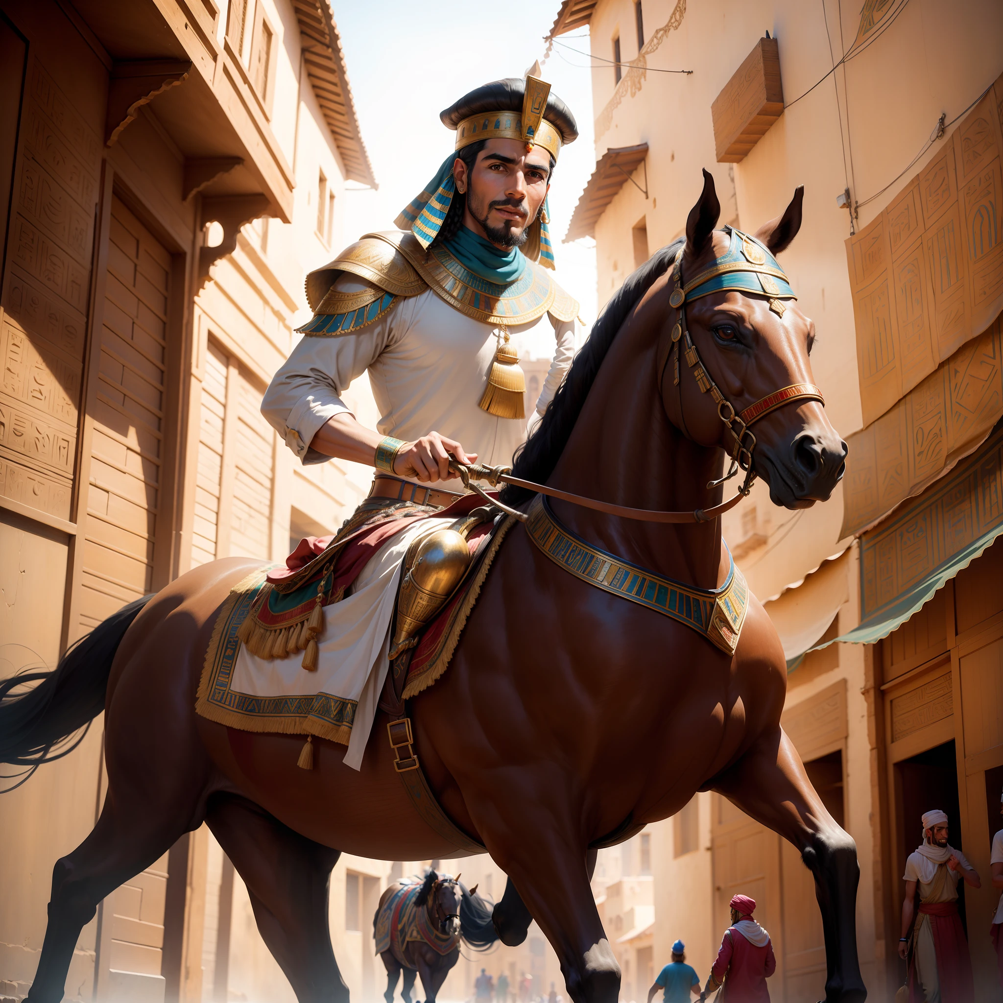 "Ancient Egyptian-style Suleiman gracefully riding a majestic horse through the vibrant streets of Marrakech."