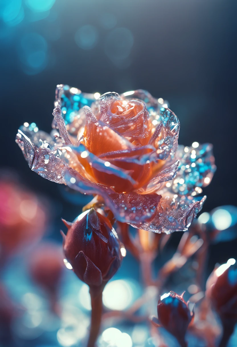 microcosm , Masterpiece , macro photography , cobweb, filmgrain, Bokeh , Smoke , Highly detailed, Sunny sunny weather, Microflower, The drops, bblurry, Realistic close-up of crystal roses, Azure background, subdued contrasts, rendering by octane , illusory engine