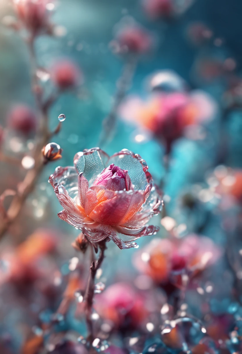 microcosm , Masterpiece , macro photography , cobweb, filmgrain, Bokeh , Smoke , Highly detailed, Sunny sunny weather, Microflower, The drops, bblurry, Realistic close-up of crystal roses, Azure background, subdued contrasts, rendering by octane , illusory engine