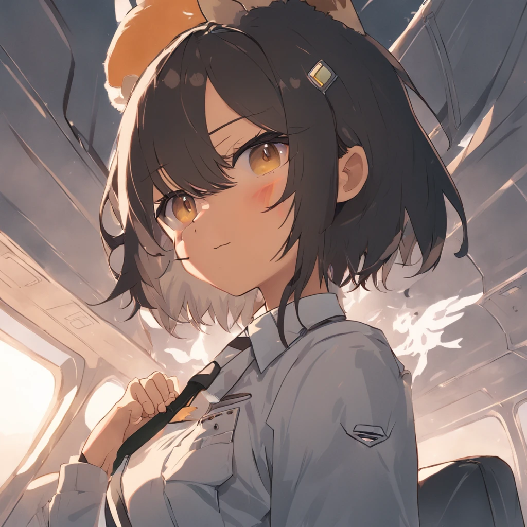 1girl, short black bob hair, yellow eyes, Round glasses, tan skin,dark skin ,BROWN SKIN, SHE HAS LIGHT BROWN SKIN, petite body, wearing plain white formal work shirt, wearing long black pants, business tie, absurdres, high res, ultrasharp, 8k, masterpiece, looking at viewer, cat ears, airline pilot uniform, airline pilot hat, white background, short sleeve, bangs, flat chest, whiskers, androgynous, she has cat ears on her head, she has cat teeth, cloudy background, holding pet black cat, smiling, large round glasses, no airplanes, airplane cabin background, wearing a choker on neck