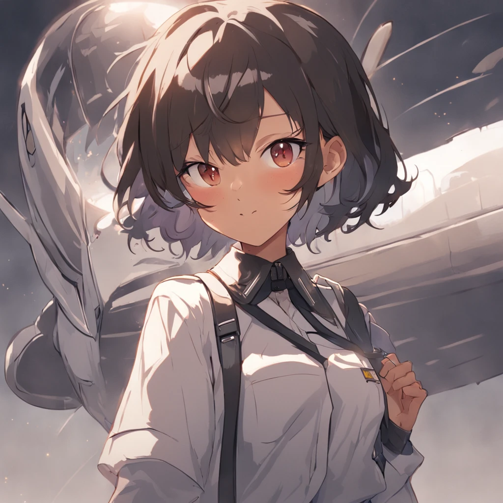 1girl, short black bob hair, yellow eyes, Round glasses, tan skin,dark skin ,BROWN SKIN, SHE HAS LIGHT BROWN SKIN, petite body, wearing plain white formal work shirt, wearing long black pants, business tie, absurdres, high res, ultrasharp, 8k, masterpiece, looking at viewer, cat ears, airline pilot uniform, airline pilot hat, white background, short sleeve, bangs, flat chest, whiskers, androgynous, she has cat ears on her head, she has cat teeth, cloudy background, holding pet black cat, smiling, large round glasses, no airplanes, airplane cabin background, wearing a choker on neck
