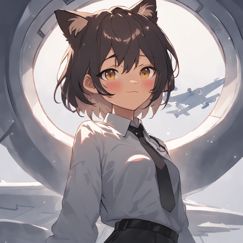 1girl, short black bob hair, yellow eyes, Round glasses, tan skin,dark skin ,BROWN SKIN, SHE HAS LIGHT BROWN SKIN, petite body, wearing plain white formal work shirt, wearing long black pants, business tie, absurdres, high res, ultrasharp, 8k, masterpiece, looking at viewer, cat ears, airline pilot uniform, airline pilot hat, white background, short sleeve, bangs, flat chest, whiskers, androgynous, she has cat ears on her head, she has cat teeth, cloudy background, holding pet black cat, smiling, large round glasses, no airplanes, airplane cabin background, wearing a choker on neck