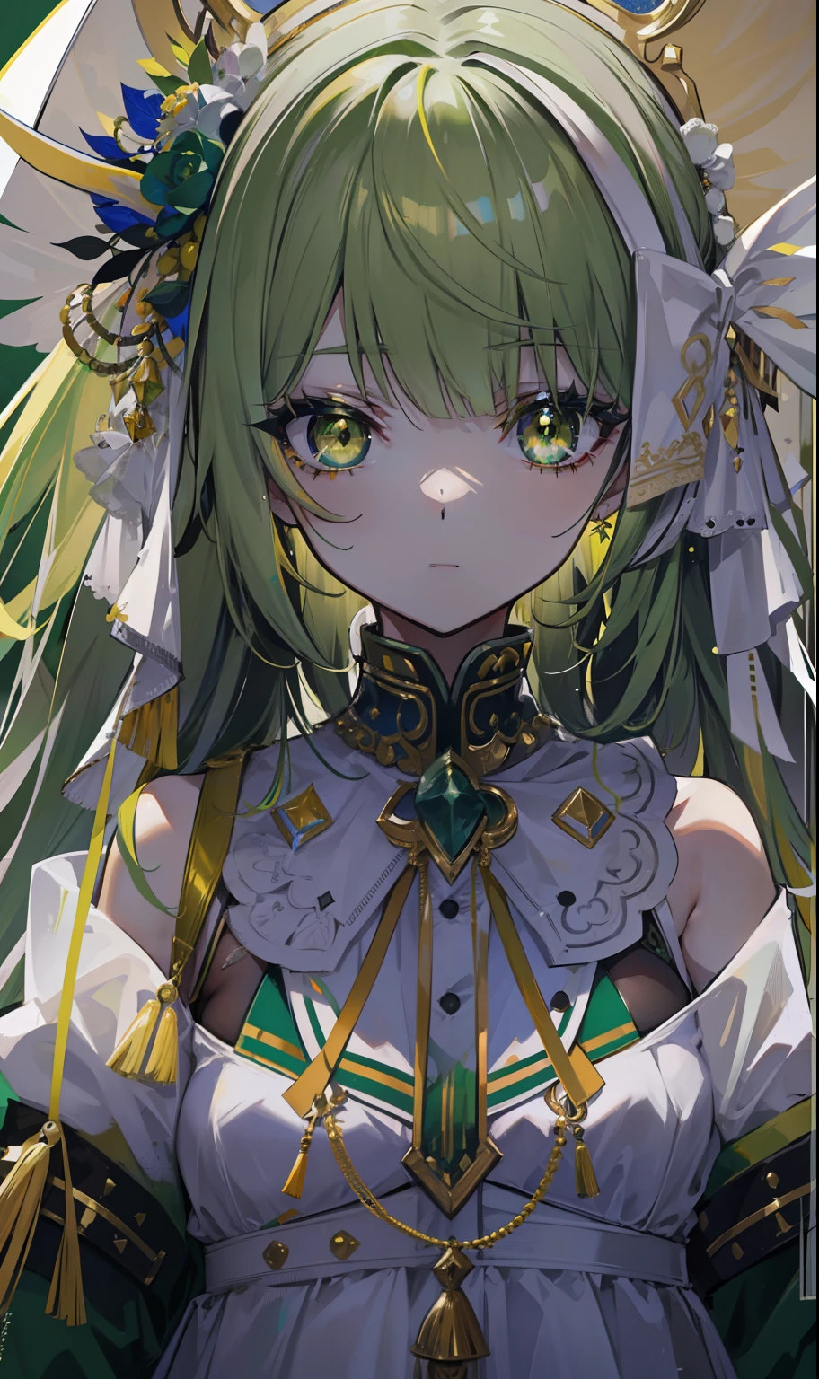 Greenish-yellow hair,Yellow-green pupils,White clothes with green and yellow are embellished with gold and silver ornaments,She is a natural cute girl