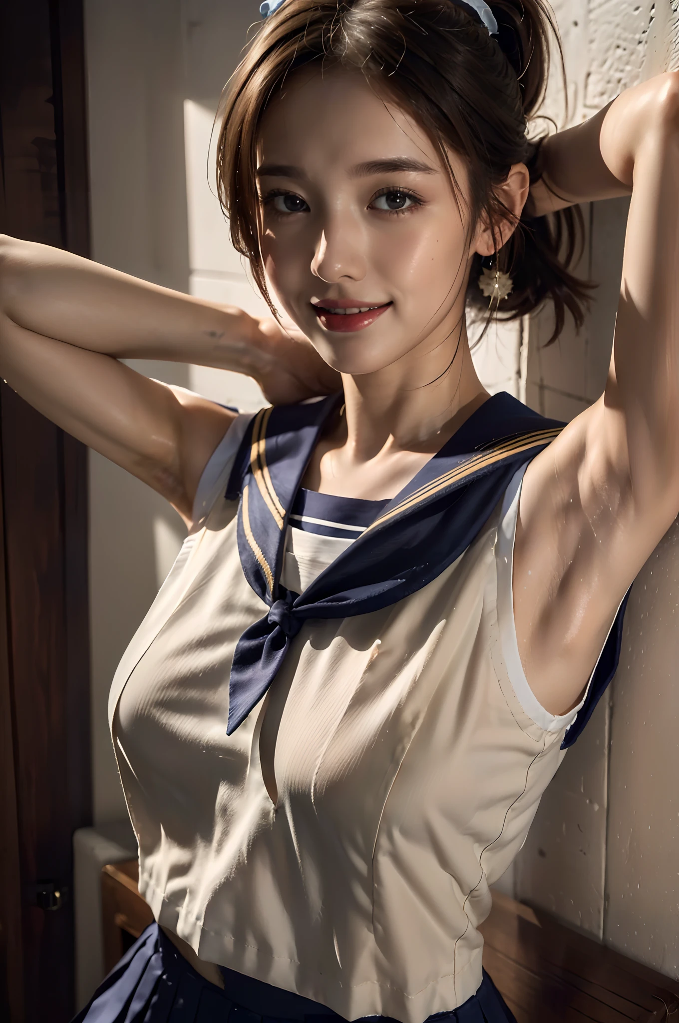 ((Pose by raising your hands to show your armpits、Armpit、We show the armpits in detail、red lipsticks、Wet shiny armpits、Shiny shiny armpits with oil in the armpits、Realistic and detailed armpits、Armpits glistening with sweat、Ultra-realistic armpit wrinkles、Japanese high school girl、Sleeveless Japan schoolgirl uniform))、Sleeveless High School Girl、Detailed armpit wrinkles、realistic armpit、Bright red lipstick、Photograph the whole body、Full-body figure、Show the armpits、Glossy armpits、Sleeveless sailor suit with visible armpits、red lipsticks、ssmile、high-ponytail Hairstyle)), ((Summer clothes for schoolgirls、Showing off armpits in white sleeveless uniform、独奏、A smile)) 、(photos realistic、Show underarms、Armpits shine), (hight resolution), (8K), (ighly detailed), (Best Live Action), (beatiful detailed eyes), (top-quality), (ultra-detailliert), (masterpiece), (wall-paper), (详细的脸), drooing eyes,perspiring,Your body is shiny with sweat、Armpit,inner colored,独奏,Japanese high school girl、Sleeveless clothing、Sleeveless、Armpit、Red mouth、Raise your hand to show your armpits、Armpit、 (photos realistic), (hight resolution), (8K), (ighly detailed), (Best Live Action), (beatiful detailed eyes), (top-quality), (ultra-detailliert), (masterpiece), (wall-paper), (详细的脸), drooing eyes、Armpit,High Ponytail、inner colored,独奏, Japanese high school girl、((Sailor Suit Sleeveless Uniform:1.4))、 (top-quality、8K、masterpiece:1.3)、Raw photography、realisitic、Photorealsitic、Beautiful legs、acurate、Anatomically correct body