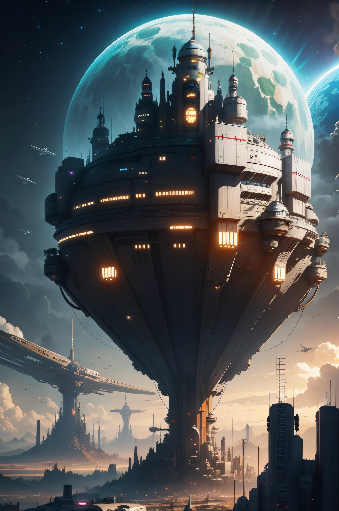 Fantasy Technology Future Technology Fantasy City，Spaceships fly in the sky，Robots everywhere，Mechanical City，cyber punk perssonage，Starship，Interstellar