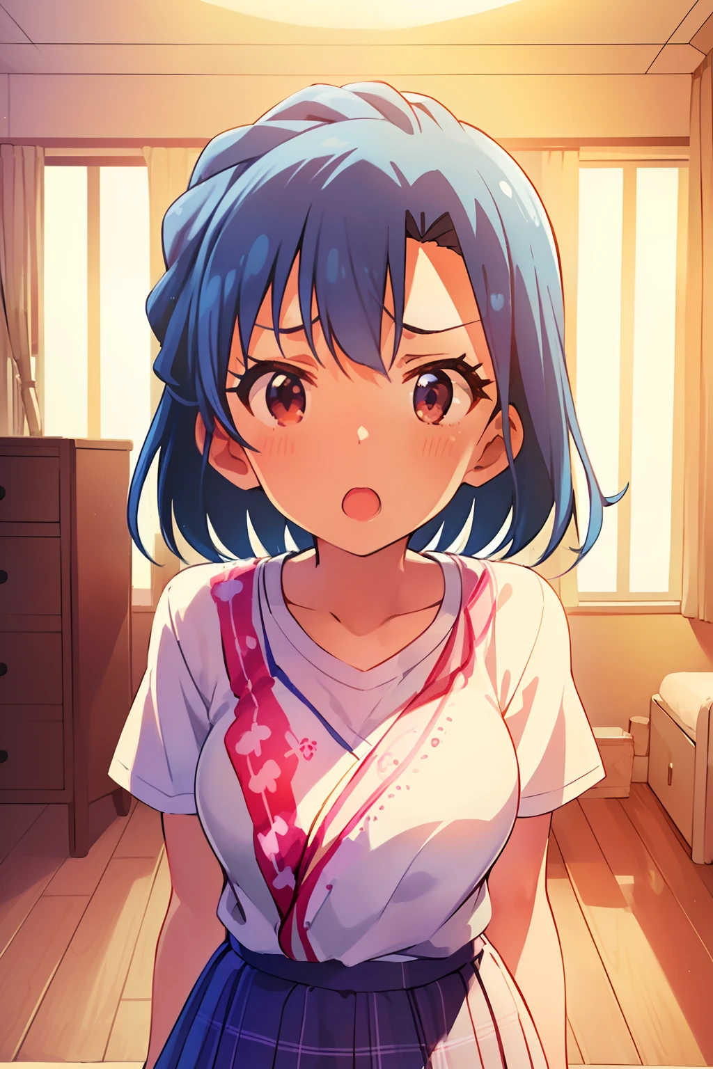 yuriko nanao (million live). Short stature. (((white t-shirts))).(((Skirt))).(((masterpiece))).(((best quality))).((Ultra-detailed))).(((illustratio))).(((a room))).(((make a fist))).(((up chest))).Despair face.((short-hair)).((big breasts)).((Opening Mouth)).