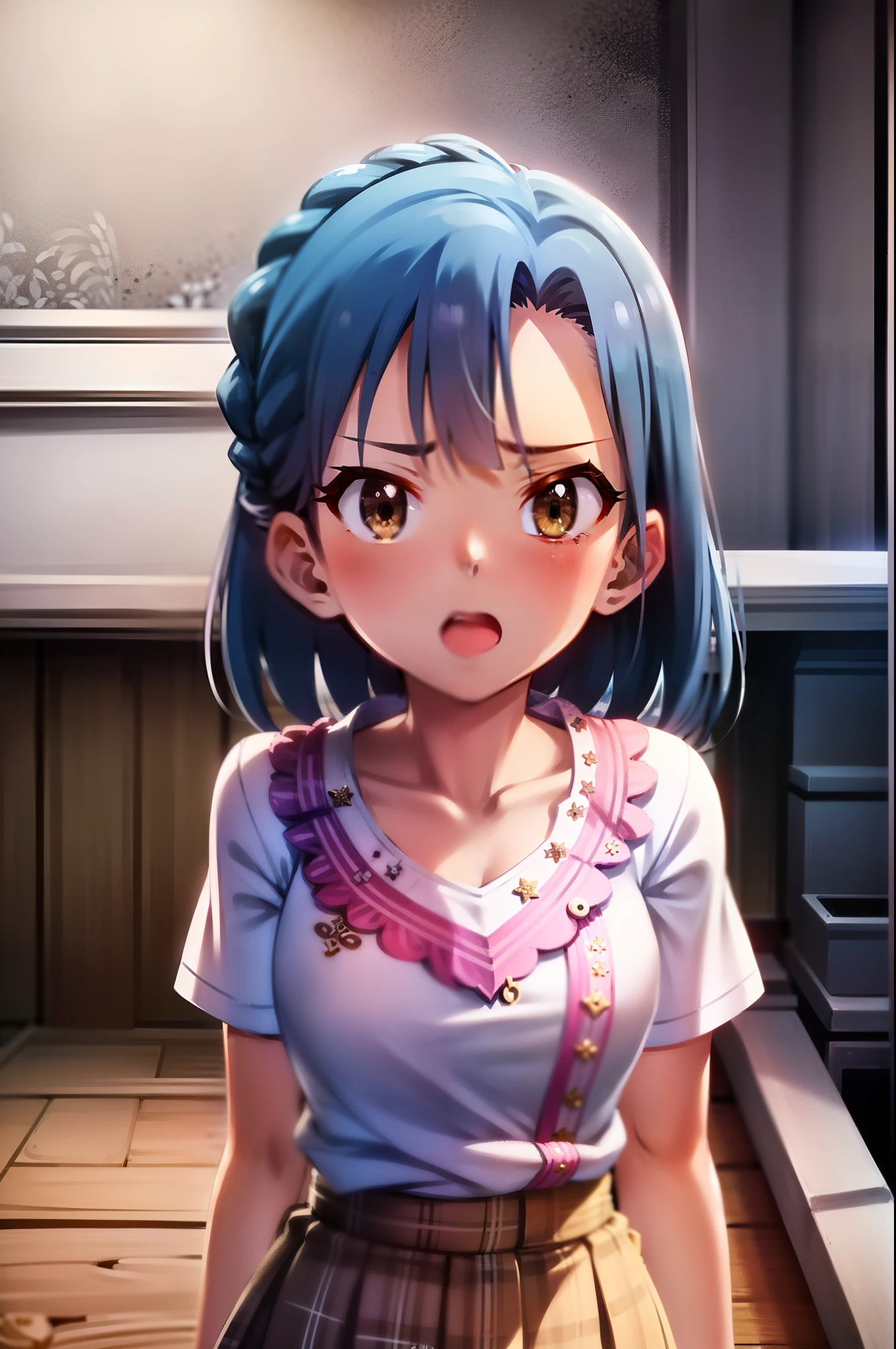 yuriko nanao (million live). Short stature. (((white t-shirts))).(((Skirt))).(((masterpiece))).(((best quality))).((Ultra-detailed))).(((illustratio))).(((a room))).(((make a fist))).(((up chest))).Despair face.((short-hair)).((big breasts)).((Opening Mouth)).