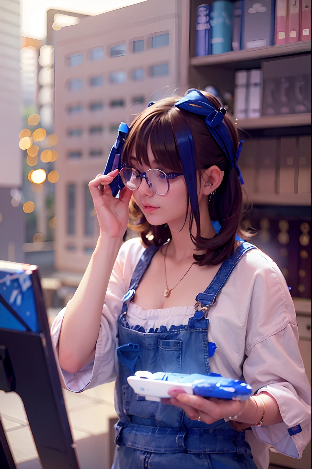 Arafe girl with blue eyes and white shirt is painting, wearing small round glasses, Realistic and cute girls, wearing thin large round glasses, girl wearing round glasses, thin round glasses, Girl with glasses, lofi girl aesthetic, thick round spectacles, Realistic. cheng yi