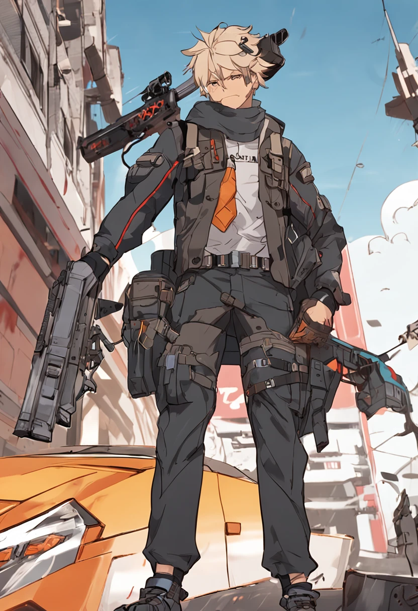 Close-up of a man with a gun and a backpack, human male character art, ( ( concept art of character ) ), full body concept, male anime character, full body character, official character art, guilty gear art direction, Single character full body, full body concept art, anime full body illustration, Guilty Gear strives to splash art, from girls frontline, mechanic punk outfit,Wear briefs