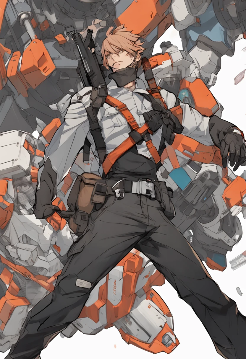 Close-up of a man with a gun and a backpack, human male character art, ( ( concept art of character ) ), full body concept, male anime character, full body character, official character art, guilty gear art direction, Single character full body, full body concept art, anime full body illustration, Guilty Gear strives to splash art, from girls frontline, mechanic punk outfit,Wear briefs