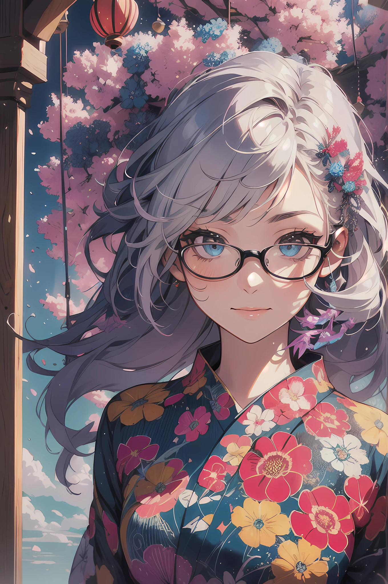 ((Yukata)),eye glass，innocent smiles，ancient city，veranda，wind chime，(1girl in, Solo:1.6),(Best Impact:1.5), (maximalism:1.7),Vivid contrast, (Realistic), hyperrealistic illustrations, hight resolution, ultra-detailliert, absurderes,(Fractal Art:1.3)、Iridescent eyes、FULL BODYSHOT、Precise focus、randome pose、cinema4d、Drama