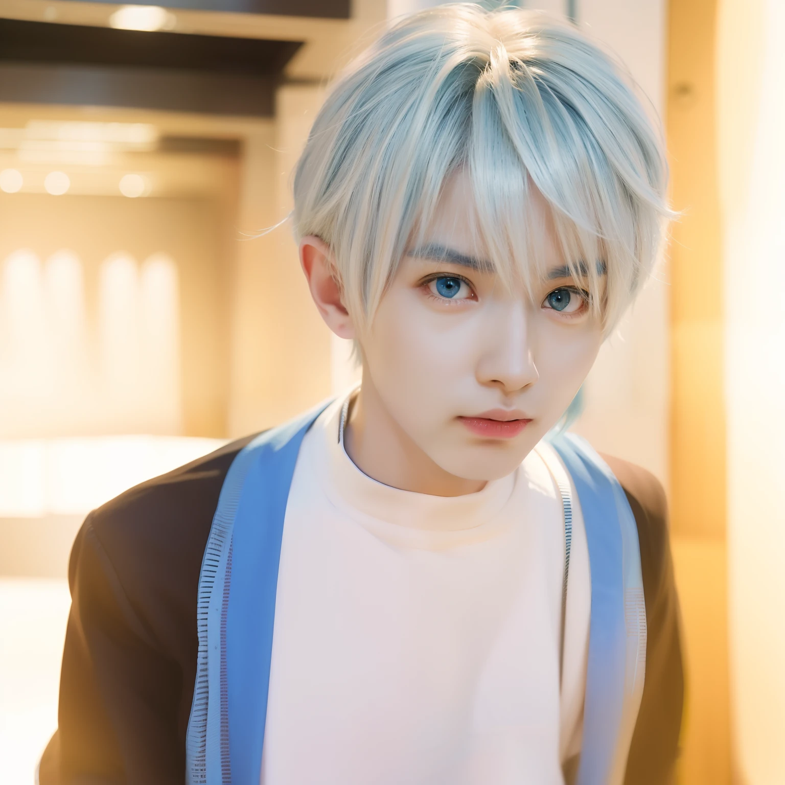 Anime boy with white hair and blue eyes staring at the camera, hajime yatate, kaworu nagisa, white haired Cangcang, gapmoe yandere, male anime character, Tall anime guy with blue eyes, whaite hair，White-haired god, kaneki ken, Male anime style