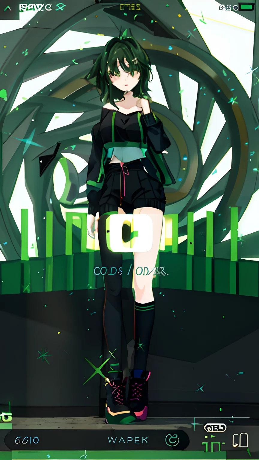 Anime girl in green off-the-shoulder navel striped long sleeve sweater and black super shorts and black oil stockings standing in front of a huge sculpture, low quality video, Anime style. 8K, kda, Praise Artstyle, clean artstyle, anime vtuber full body model, live2d virtual youtuber model, low quality footage, Artistic trends, 4 k'', 3 d demo reel avatar