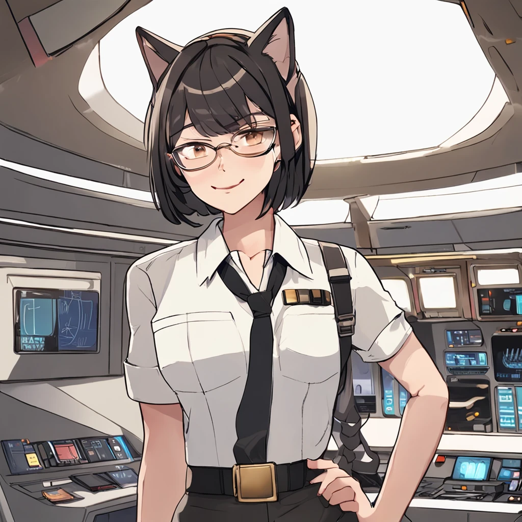 1girl, short black bob hair, yellow eyes, Round glasses, tan skin,dark skin ,BROWN SKIN, SHE HAS LIGHT BROWN SKIN, petite body, wearing plain white formal work shirt, wearing long black pants, business tie, absurdres, high res, ultrasharp, 8k, masterpiece, looking at viewer, cat ears, airline pilot uniform, airline pilot hat, white background, short sleeve, bangs, flat chest, whiskers, androgynous, she has cat ears on her head, she has cat teeth, cloudy background, holding pet black cat, smiling, large round glasses, no airplanes, airplane cabin background, wearing a choker on neck