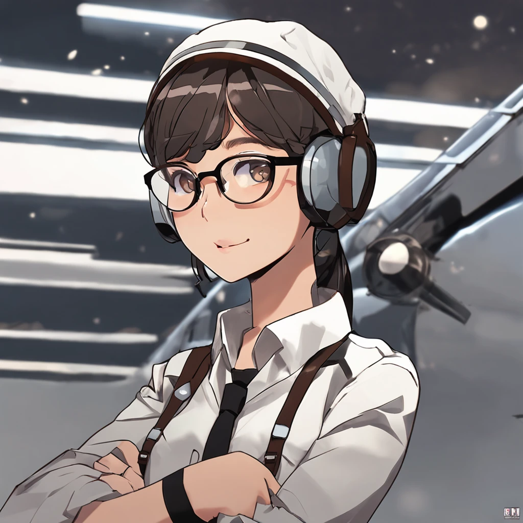 1girl, short black bob hair, yellow eyes, Round glasses, tan skin,dark skin ,BROWN SKIN, SHE HAS LIGHT BROWN SKIN, petite body, wearing plain white formal work shirt, wearing long black pants, business tie, absurdres, high res, ultrasharp, 8k, masterpiece, looking at viewer, cat ears, airline pilot uniform, airline pilot hat, white background, short sleeve, bangs, flat chest, whiskers, androgynous, she has cat ears on her head, she has cat teeth, cloudy background, holding pet black cat, smiling, large round glasses, no airplanes, airplane cabin background, wearing a choker on neck