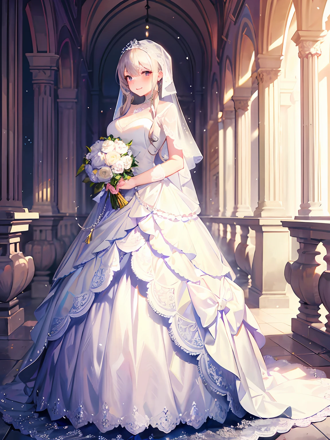 ,wedding gown,Bride,marriage,Beautifully dressed,Shiny clothes,Lace on clothes,Clothes lace,Large skirt,Lace trim,stand posture,facing the front there,Flowers in hand,ssmile,light yarn,full bodyesbian,Shawl,Color chrome,