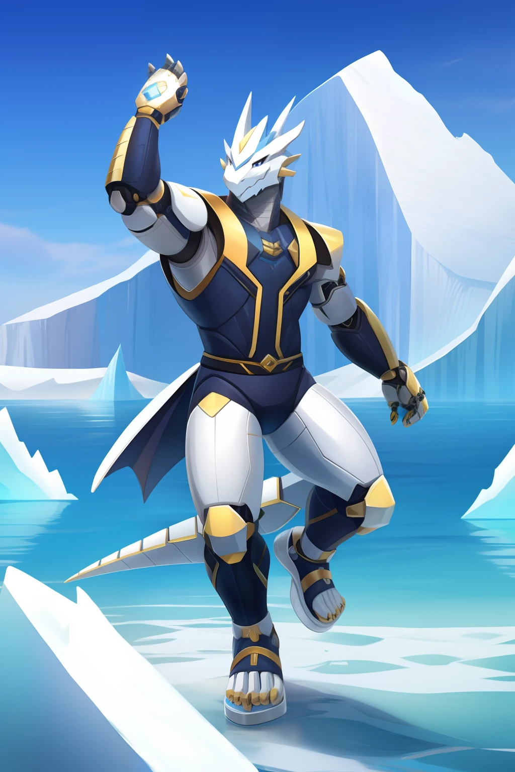 robo dragon,White belly,Gold back,Black vest,White sandals,Stand on an iceberg。