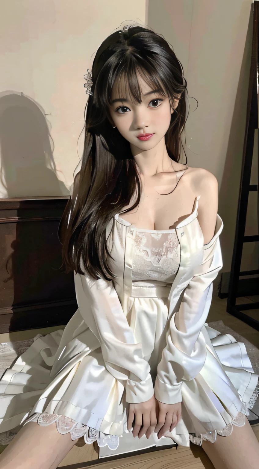 Master quality, highest quality, best picture quality, exaggerated details, a cute 8 ******** asian ****** girl with a shy expression, slightly squinted eyes, adjusting her hair, long eyelashes (long hair / very, very exaggerated big breasts, big tits / in petticoat dress tissue, ), posing sit in front of the camera, wet breast hanfu, slim and tall waist, silk lace, xintong chen, with open v  habfu acient chinese clothes, detail breast , detail cheast