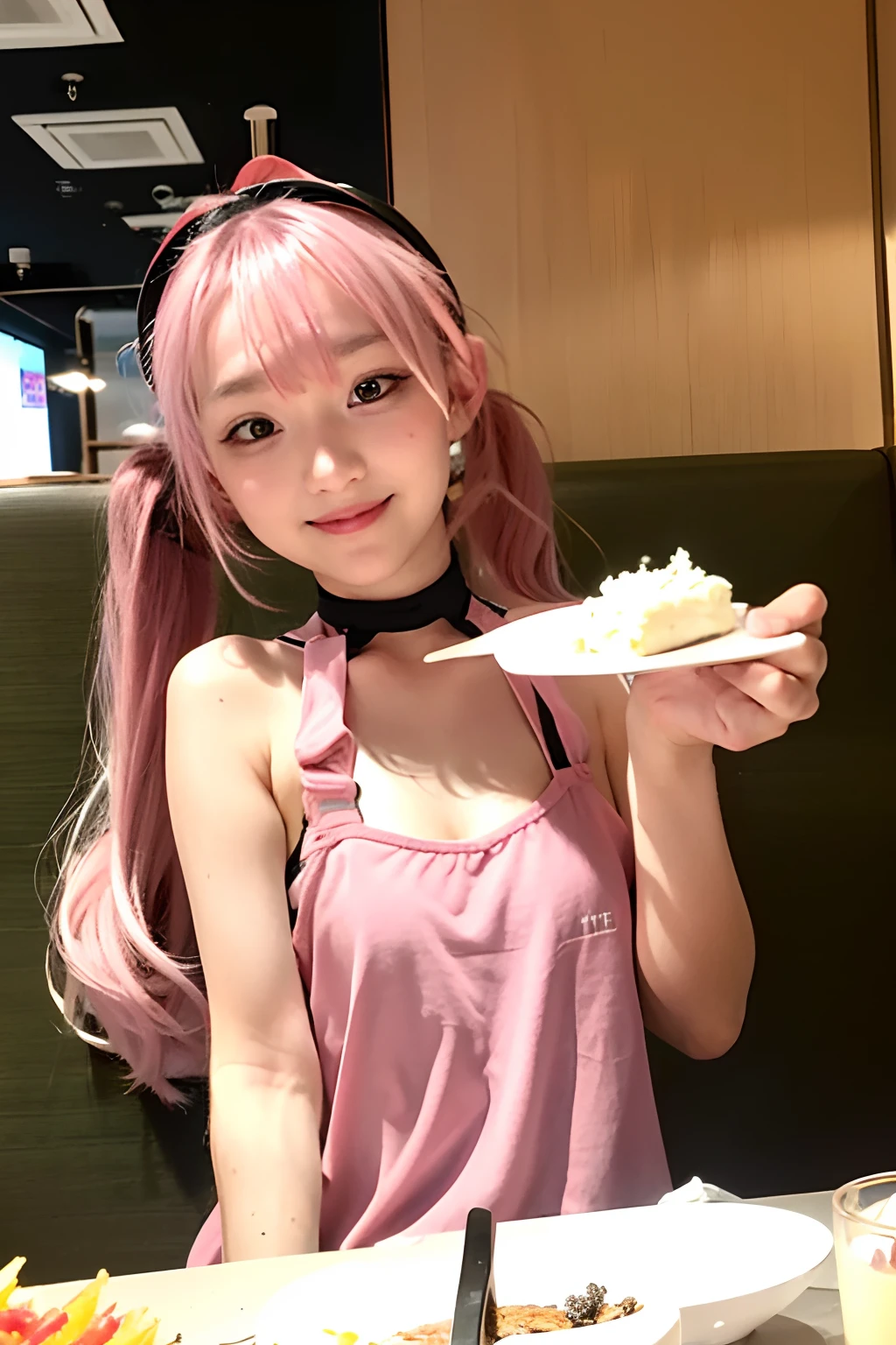 (8K, top-quality, masterpiece:1,2), (reallistic, Photorealsitic:1.37), Super Detail, One girl,), (Highly detailed), (beautifully detailed eyes), (of the highest quality), (super detailed ), (masterpiece), (Detailed face),20yr old, ,1 girl, full body, pink hair,Very short hair, medium breasts, clothed, Perfect Lighting, pussy and breast focus, looking at viewer, aroused face, naughty face, (Japanese style, wearing a waitress costume: 1.2), cafe, holding a birthday cake in both hands