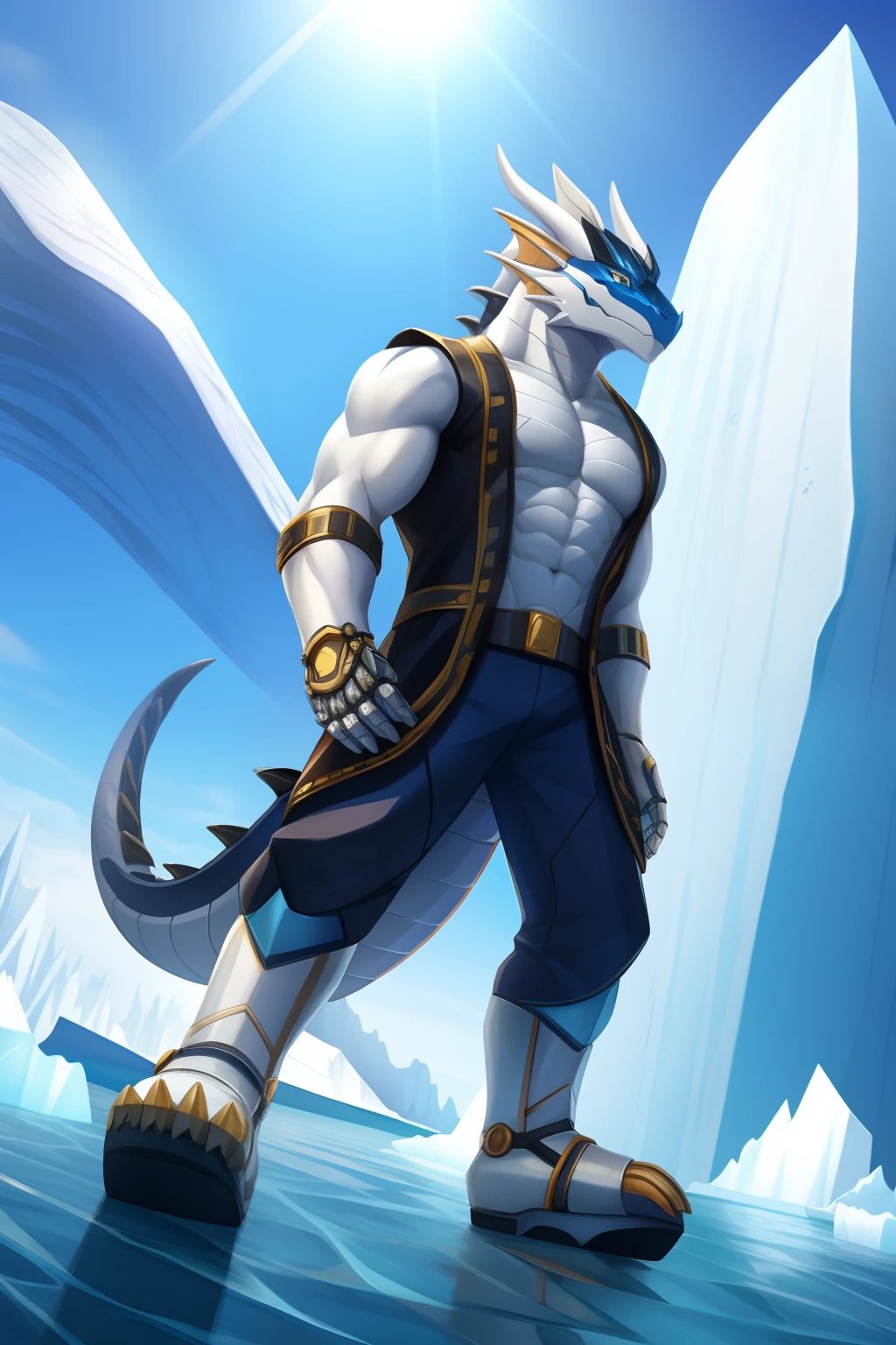 Mechanical dragon，White belly，Gold back，Black vest，White sandals，Stand on an iceberg。