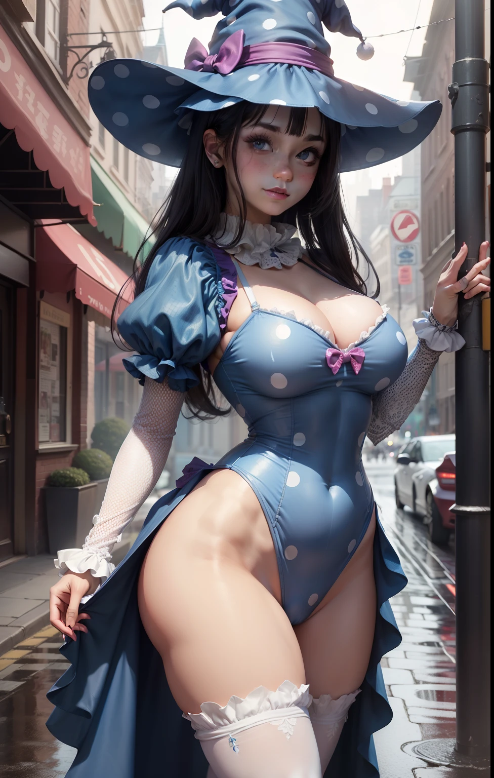 Clown in clothes1Man Woman((top-quality、8K、masterpiece:1.3))、full body Esbian、focus clear:1.2、Excellent style:1.4、masuter piece、(Realisticity: 1.2)、(Photorealsitic:1.3)、
realisitic、realisticlying、Raw foto、hyperdetailed face(Idol-style face、A little dubious smile)、hyper detailed background(Rain street corner)、Ultra-detailed costumes(Witch's hat with a split tip in two、Clown clothes(White polka dots on blue background、See-through cloth around leotard)))、hyperdetailed body(Bulging breasts、Thin leg)、super-detaild skin