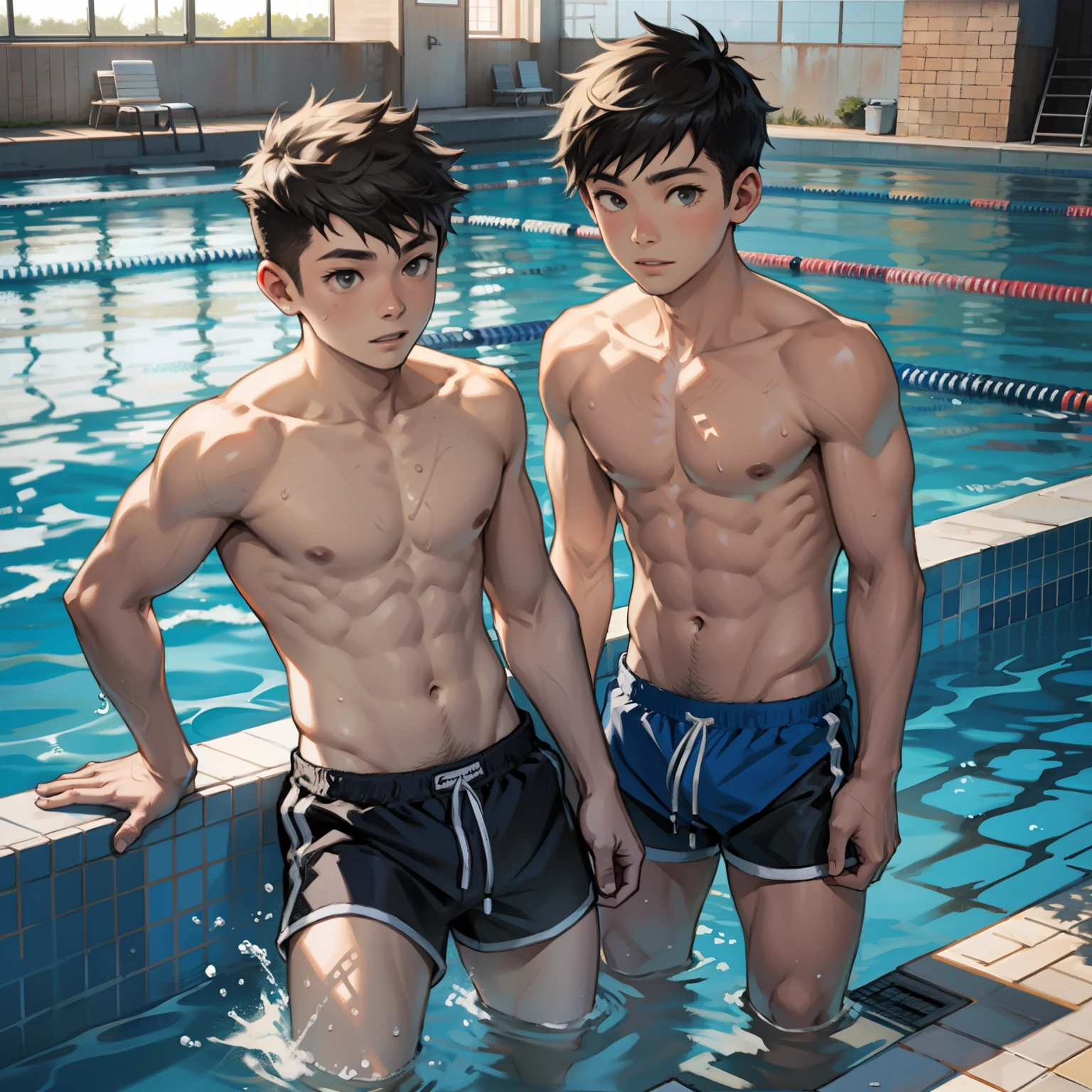 Two boys swimming in shorts，swimmingpool