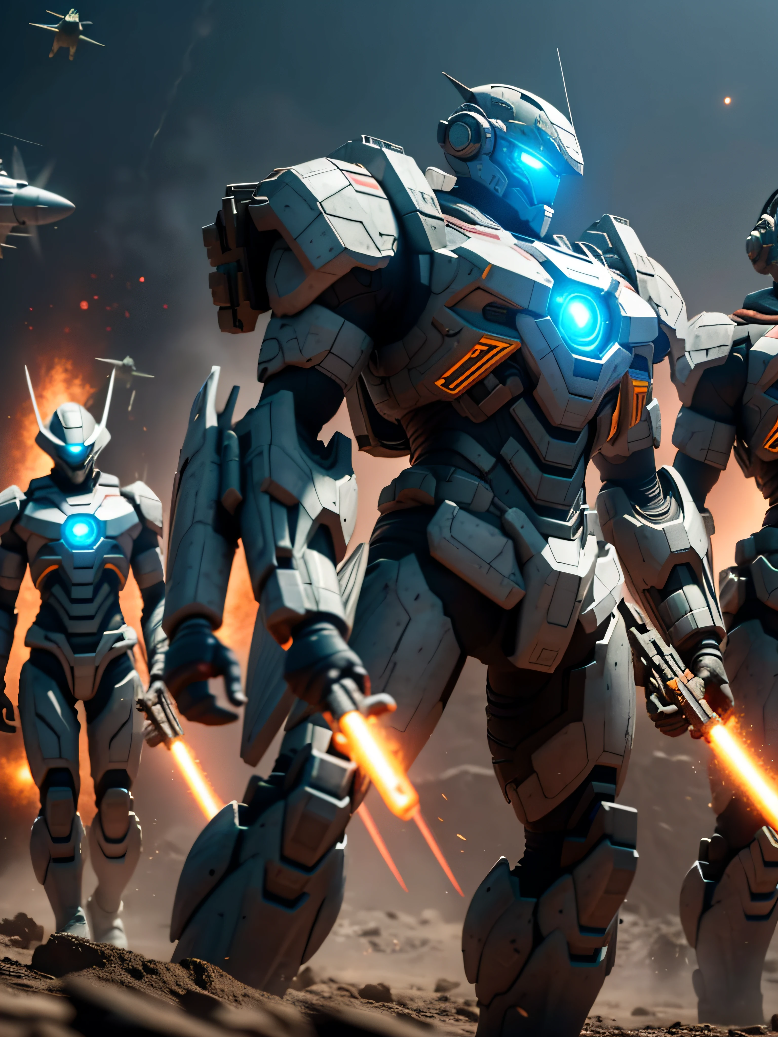 Amidst the chaotic battleground of a distant alien world, a rugged middle-aged commander (37 years old: 1.2) with olive skin and dark hair leads his ((squad: 1.8)), exuding determined purpose. His piercing steel-blue eyes (1.3) reflect years of unwavering resolve. At his side, twin warriors, always together, move in perfect synchrony, their onyx-black hair (1.5) flowing over specialized combat armor. The squad, diverse in skills, advances with futuristic weapons, a sharpshooter's uncannily accurate shots (1.1), an engineer's inventive gadgets (1.1), a medic's healing beams (1.1), a cyberwarrior's digital mastery (1.1), and a pilot/pathfinder's skill in navigating treacherous terrain (1.1). Advanced vehicles roar across the battlefield, their energy shields (1.2) deflecting enemy fire. Explosions bloom, casting a surreal glow on the alien landscape as the united squad charges forward