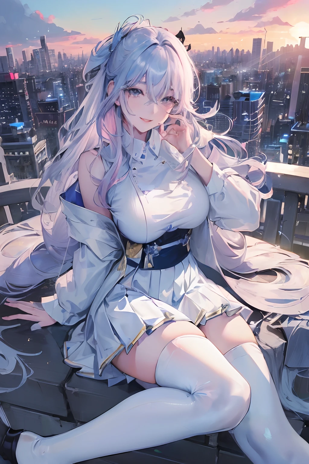 official art, masterpiece, sharp focus, (beautiful gorgeous cute Korean woman:1.3), (beautiful cute korean:1.3), korean beauty, Delicate and beautiful hair and eyes and face, realistic, ultra detailed, beautiful girl, blue sky, glow white particle, (sidelighting:1.2), sun light, white cloud, detailed clouds, slender, Lovely very large breasts and very large hips, smile with teeth, ((smile with eyes, open both eyes)), scenery, long straight hair, sexy facial expression, building, (cityscape:1.7), dynamic hair, long straight hair, detailed platinum pink hair, glow blue eyes, (blue pleated shirts + white skirt), white long socks, pale skin, hair ornament, epic scenery,