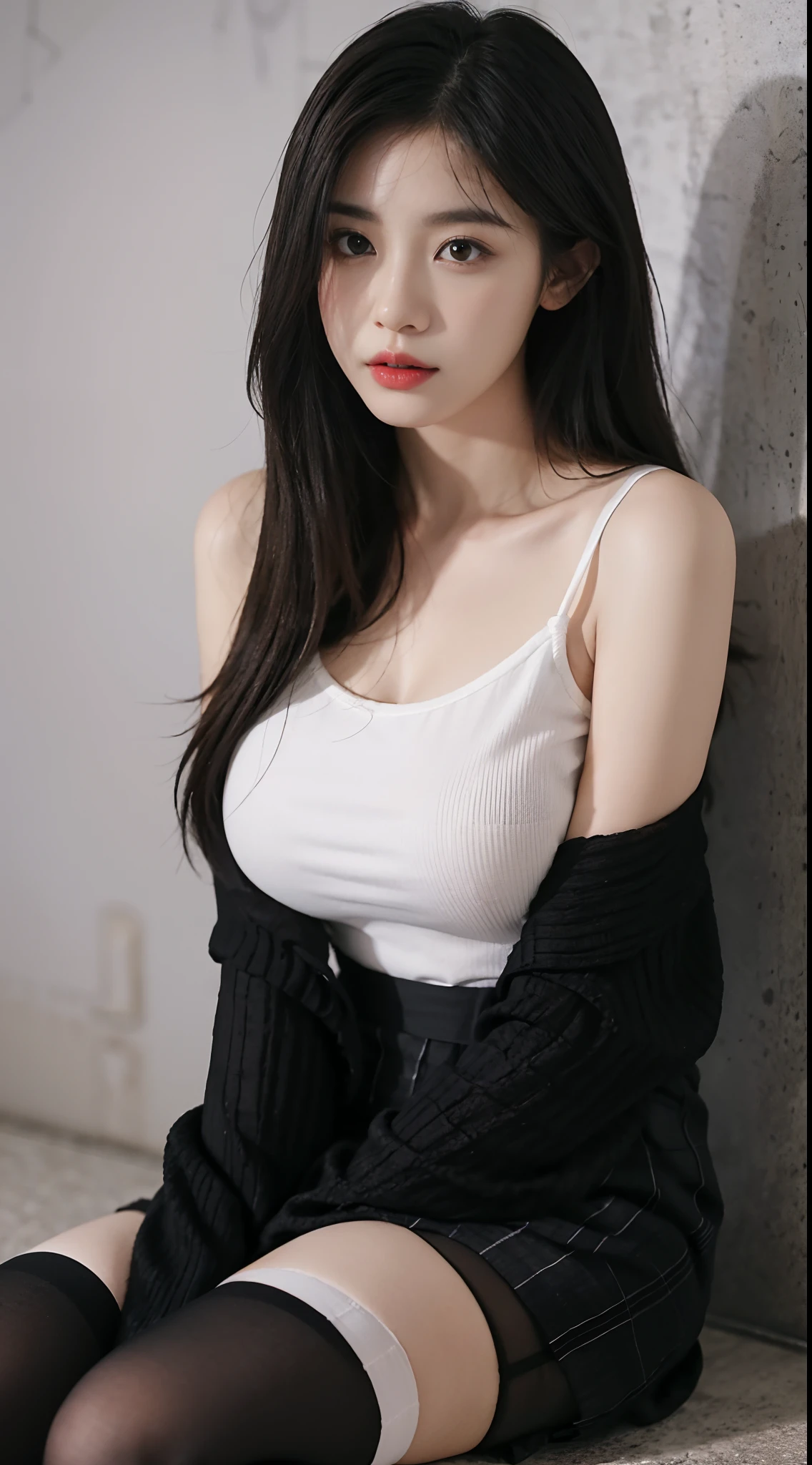 masterpiece, best quality, ultra high resolution (realism: 1.4), original photo, 35mm lens., F1 aperture.4, movie poster, light and shadow, female, a white cardigan, , The cleavage is visible, long black hair, real skin, (skin detail: 1.3),