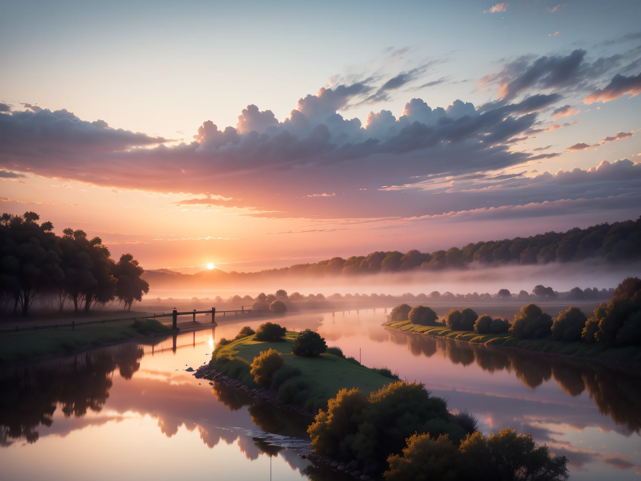 sunrise, delicate clouds of morning mist float over the river